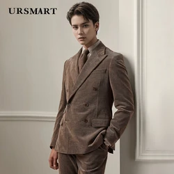 High quality polka neck double row buckle corduroy men's casual suit British style gentleman elegant men's suit Coat