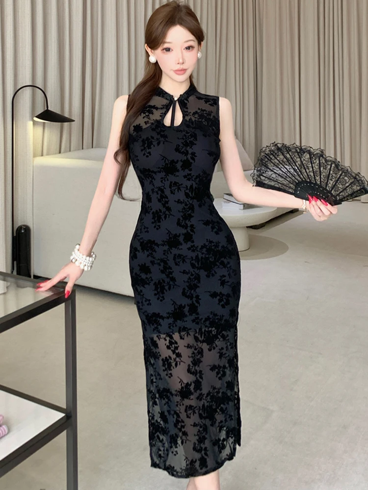 المرأة الكورية خمر مهرجان هيبورن فستان الخريف الشتاء الأسود الجاكار أكمام فستان مثير 2025 فستان سهرة فاخر أنيق