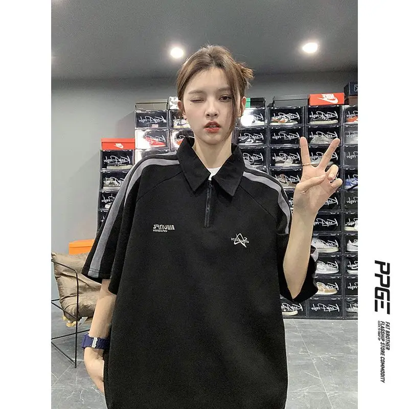 Korean half-zip polo shirt short-sleeved T-shirt men summer retro American suede stripe unisex college style couple y2k clothes