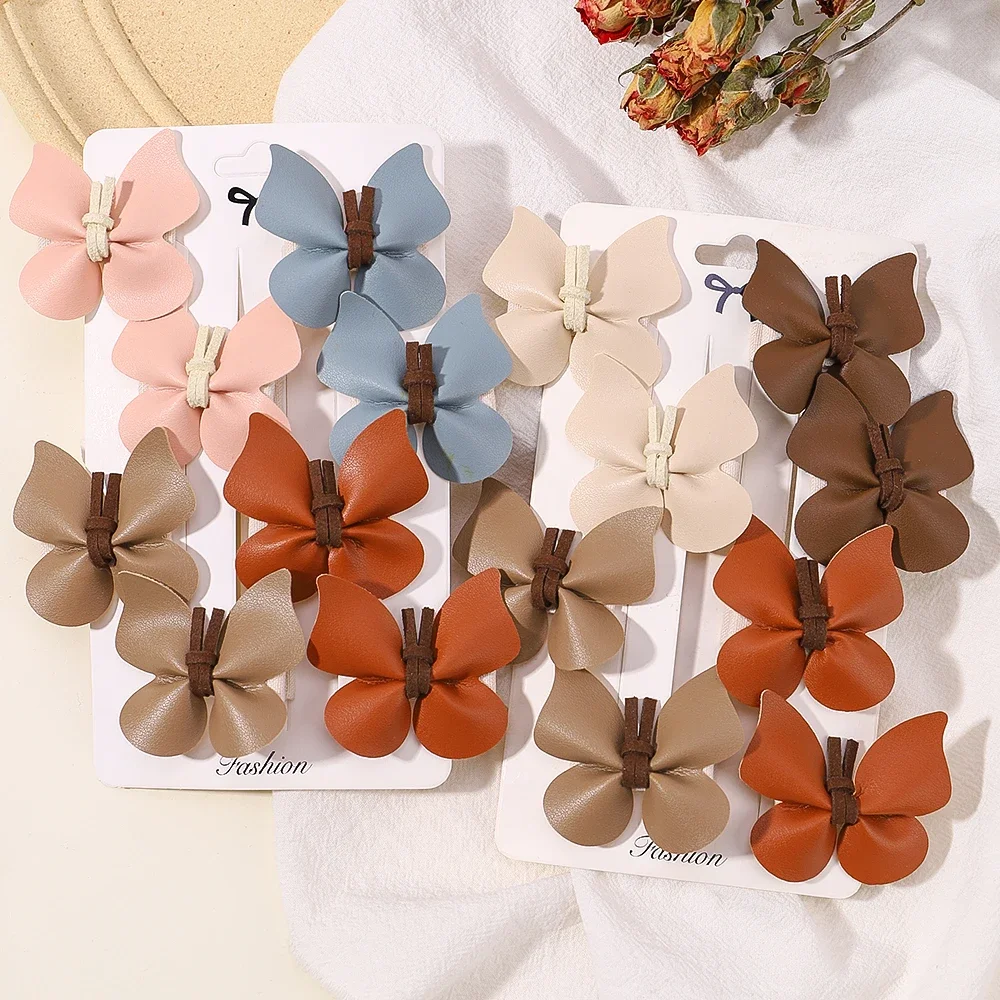 2-8Pcs/lot Girls Butterfly Hair Clips for Kids Handmade Leather Hairpins Hairgripes Solid PU Baby Hair Accessories Gift Set