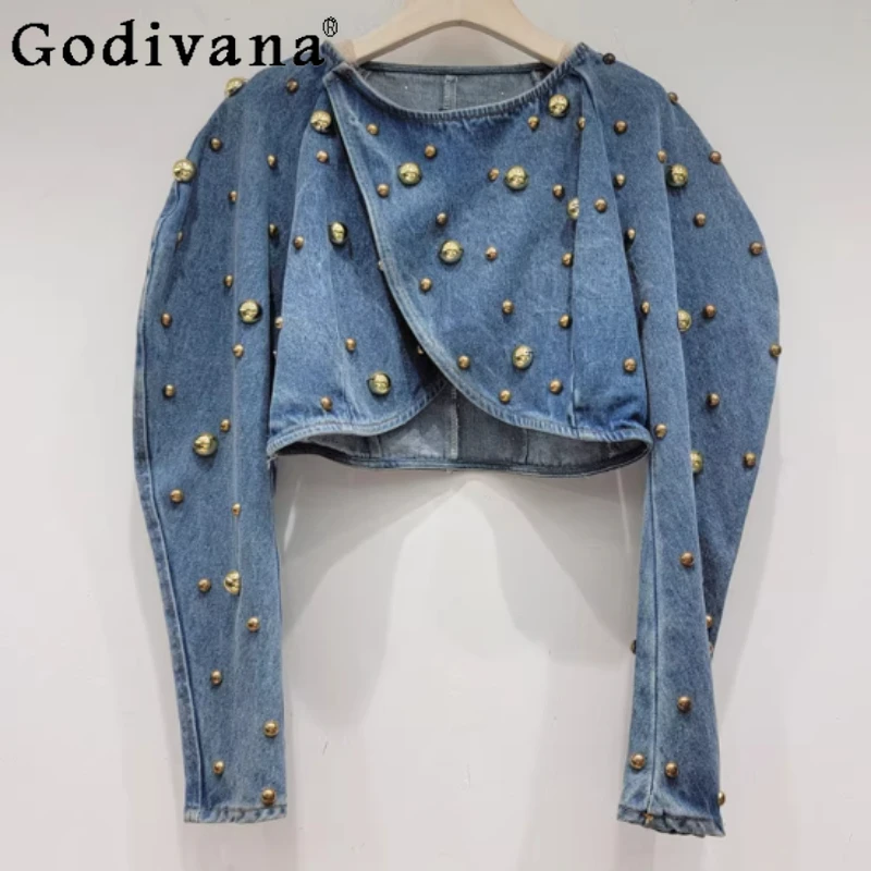 

European Heavy Industry Round Rivet Puff Sleeve Short Denim Top Women Spring Autumn Chic Crew Neck Versatile Loose Pullover Tops