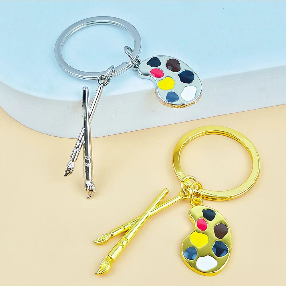 Classic Paint Palette Key Chains Gold Color Art Drawing Pen Brush Key Holder For Arist Students Grauduation Souvenir Gifts