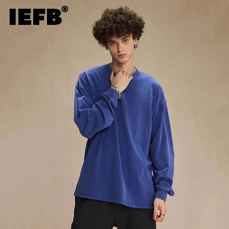 IEFB Spring New Trendy Batik Wash Long Sleeve T-shirt Men's Wear Round Collar Pullover Couple Top Vintage Tees Solid Color 9W127