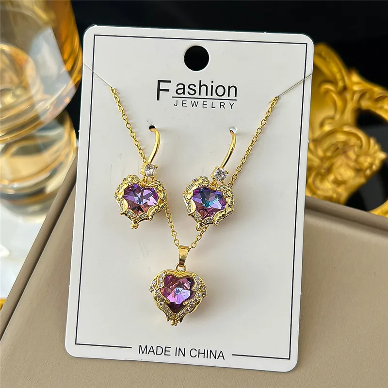 316L Stainless Steel Chain Emerald Love Star Sky Gem Pendant Necklace Earring Set Three-piece Wedding Jewelry Set