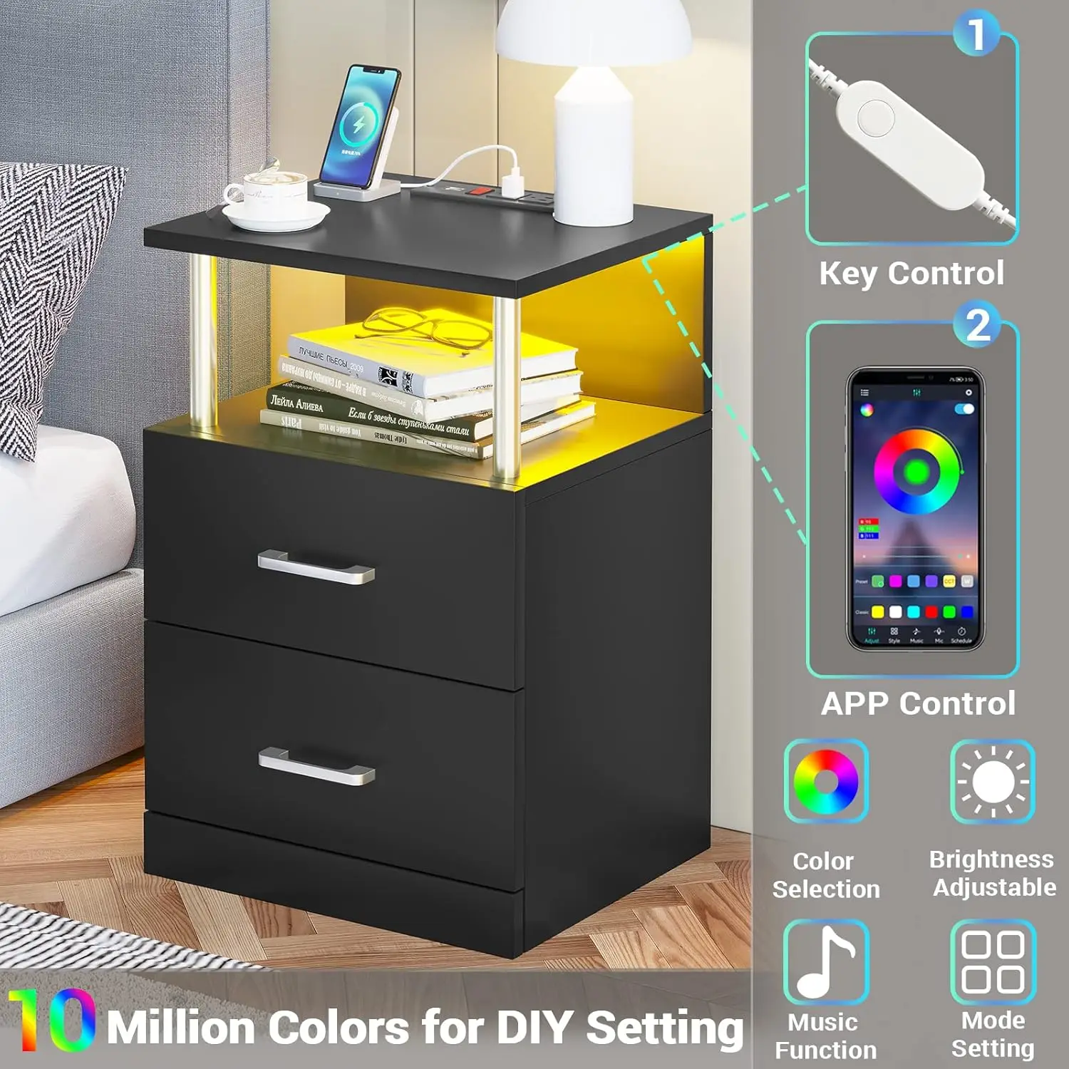 Nightstand With Charging Station And Led Lights, Night Stand With Open Storage, Bedside Table With Drawers, 2 Usb Ports, 2