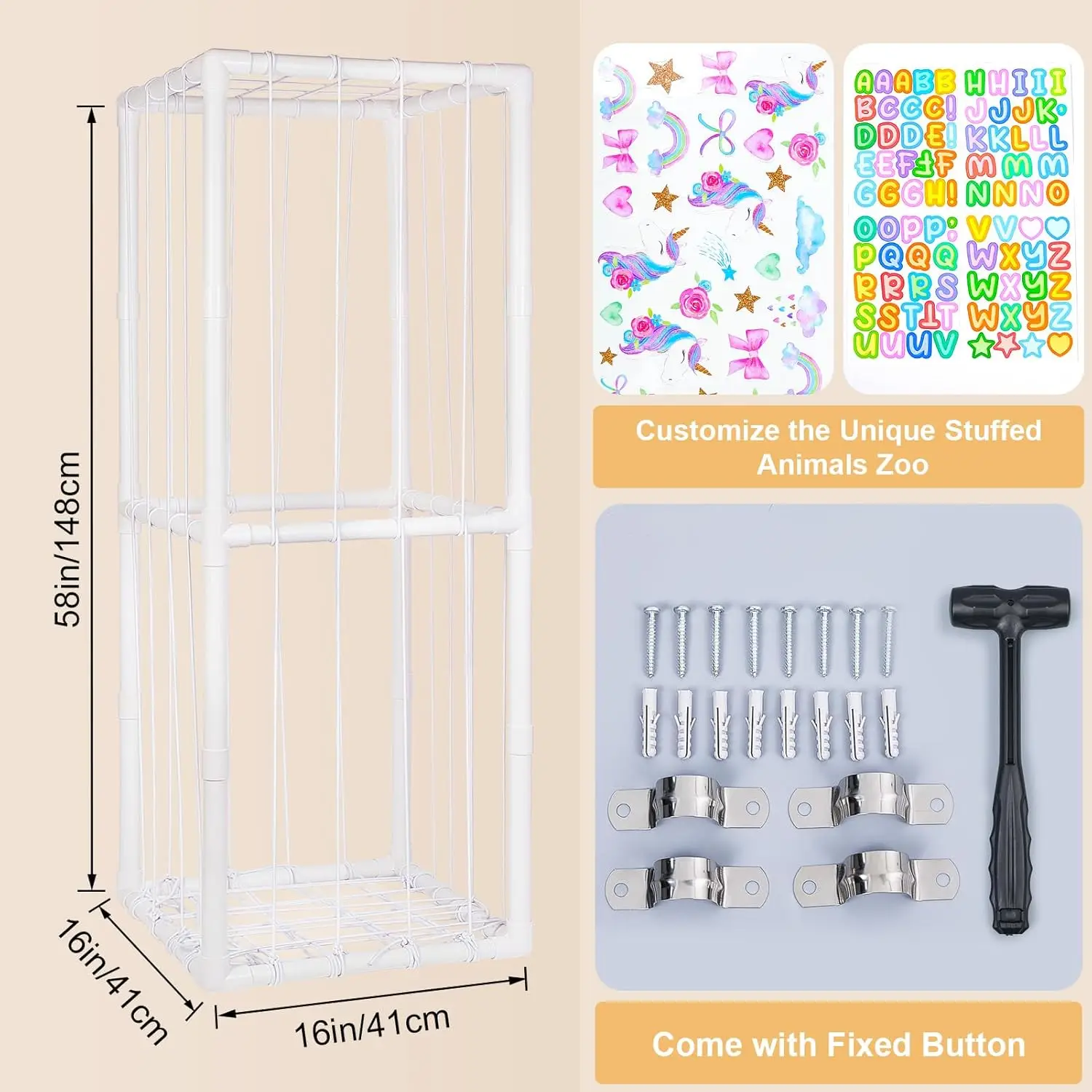 Large Stuffed Animals Storage Organizer with Elastic Band, Thicken PVC Tube Zoo for Bedroom Living Room Plush Storage, White view 5