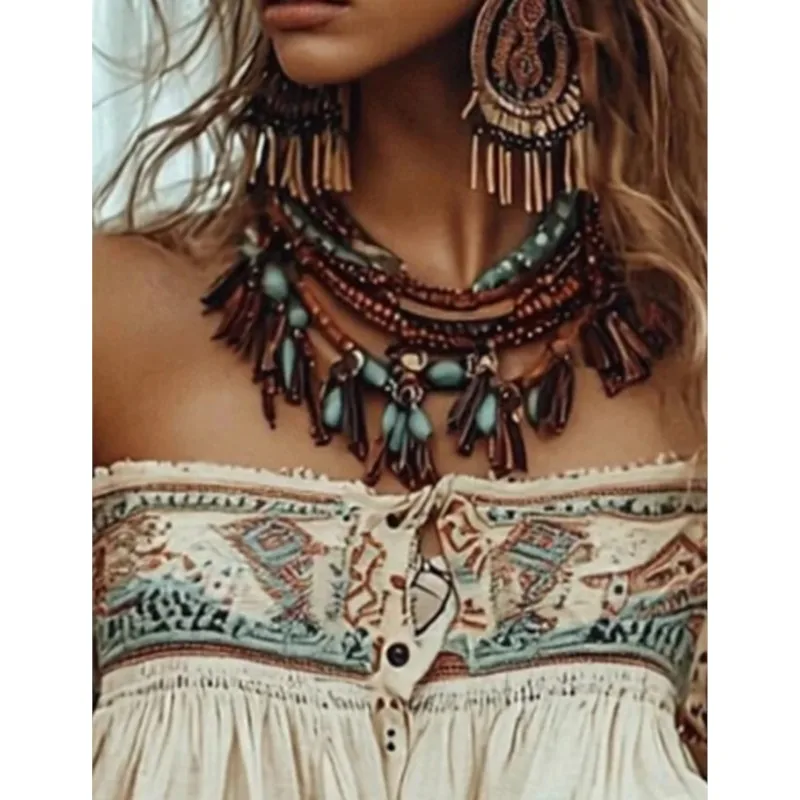 بوهو قبالة الكتف بلوزة المرأة 2025 جديد العرقية طباعة طويلة الأكمام تكدرت موضة عادية قميص الخريف الهبي نمط فضفاض صالح #4