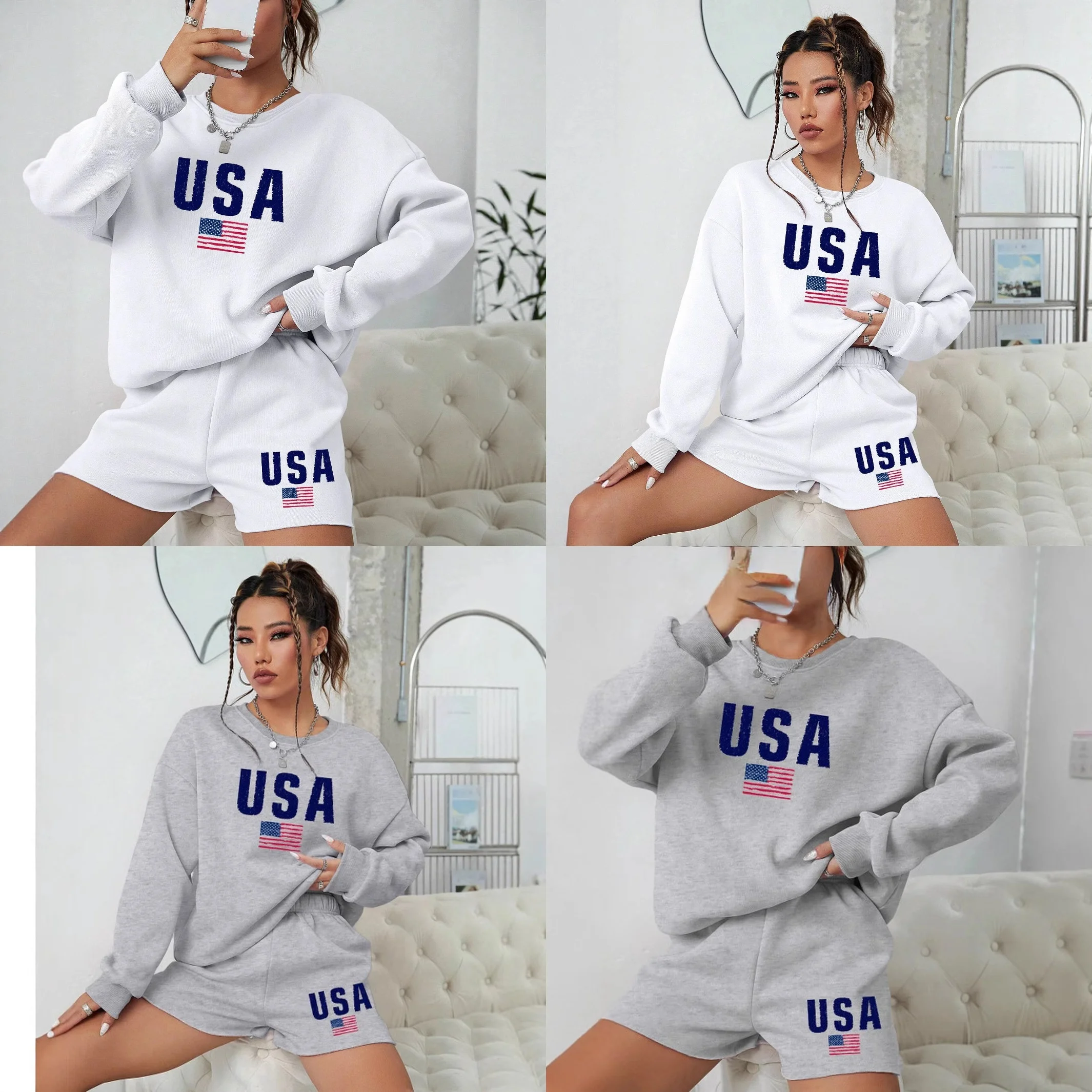 Spring Summer Sweatshirt and Shorts Matching Set Long Sleeve Round Neck High Quality Sweatshirts Casual Loungewear