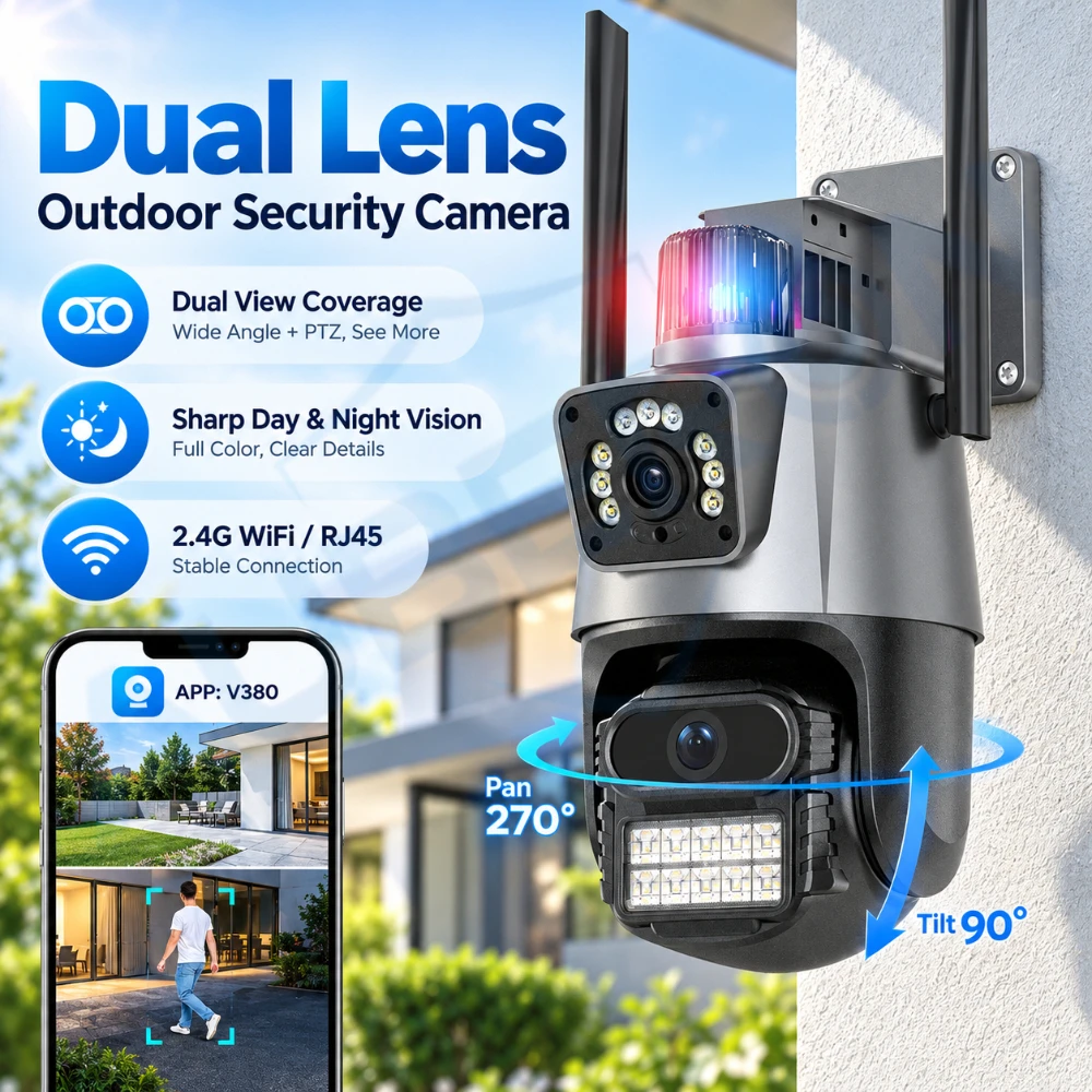 Dual Lens WiFi Security Camera Outdoor PTZ Camera AI Human Detection Auto Tracking Two Way Audio Color Night Vision CCTV Camera
