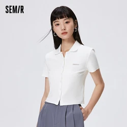 Semir Polo Shirt Women 2024 Summer New Short Length Letter Texture Clothing Fashionable Summer Ladies Slim Fit Cardigan Simple