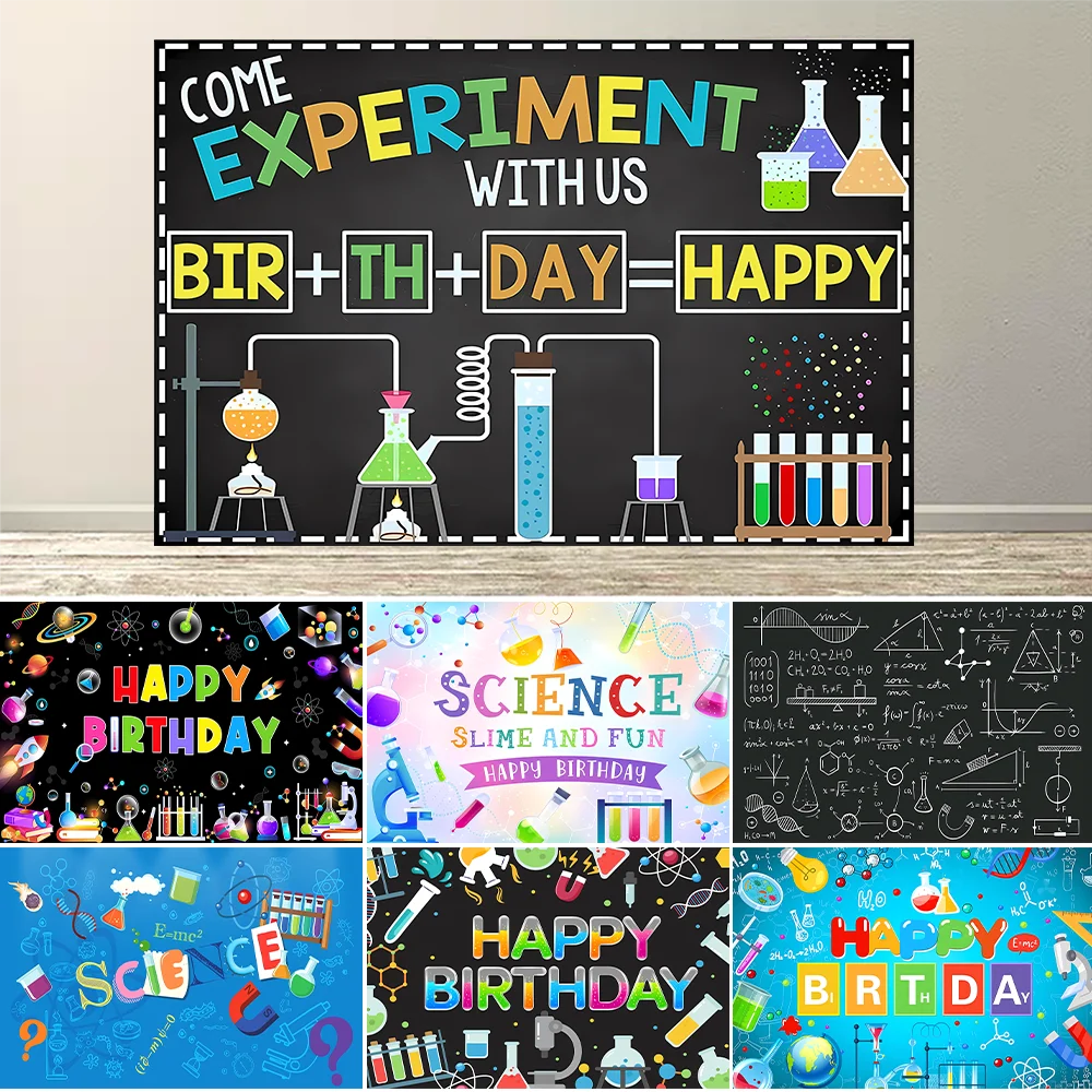 Science Happy Birthday Backdrop Banner Mad Science Fun Experiment Background Physical Chemical Party Banner Decor Props
