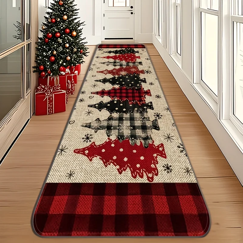 VIKAMA Farmhouse Xmas Hallway Runner Rug Buffalo Plaid Pine‑tree Snowflake Pattern Wear‑resistant Entryway Floor Carpet