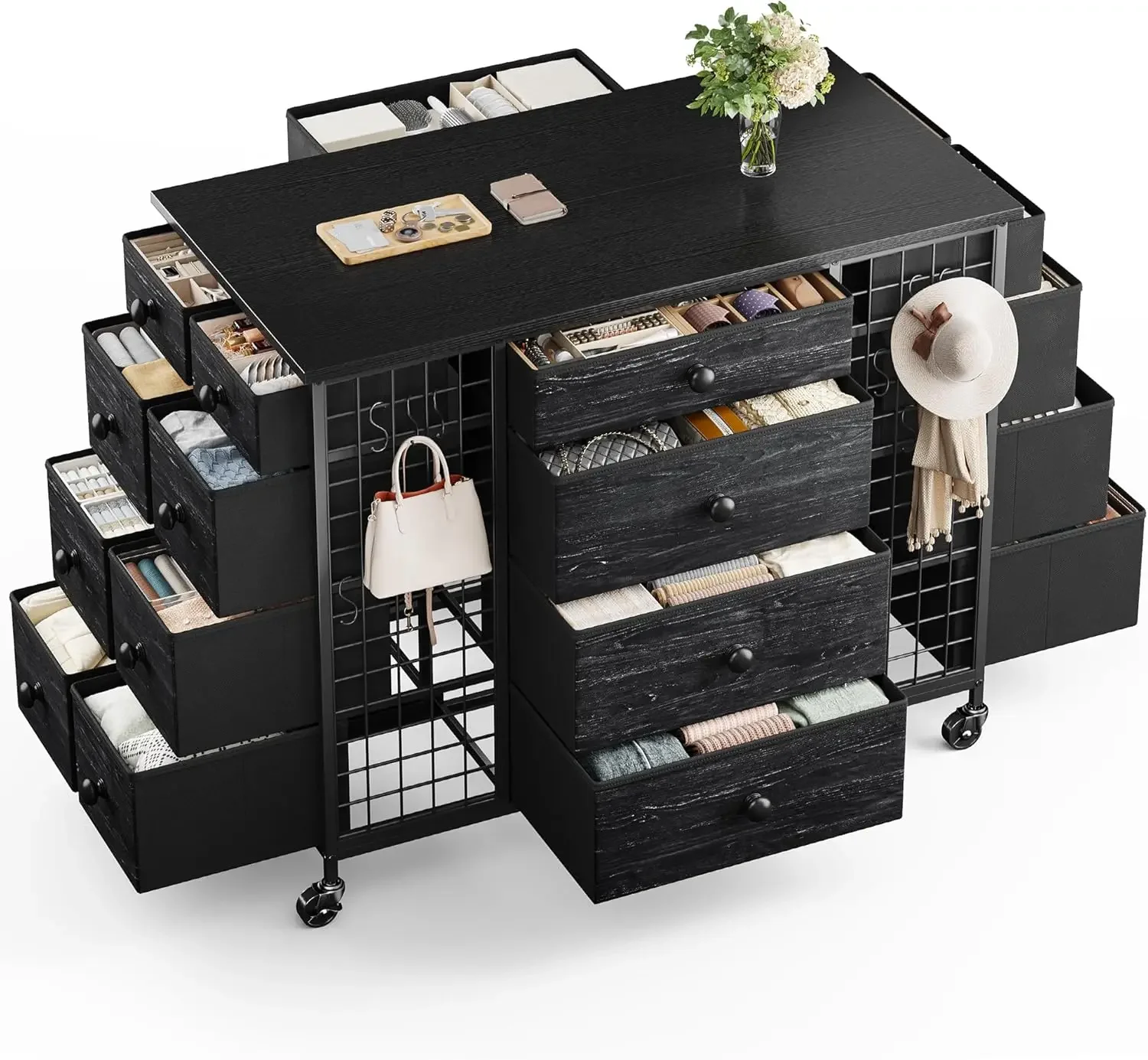 24 Drawers Black Dresser for Bedroom, Dressers & Chests of Drawers with 4 Wheels and 40“ * 23” Wide Wooden Top, Metal Frame, Org
