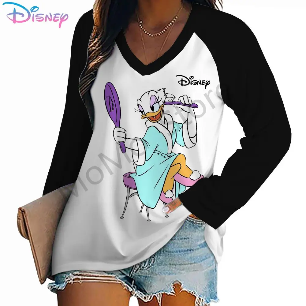 Disney Donald Duck Autumn Women\'s Long Sleeve T-Shirt Ladies Fashion High Quality S-3XL 2024 New V Neck Lovely Leisure Kawaii