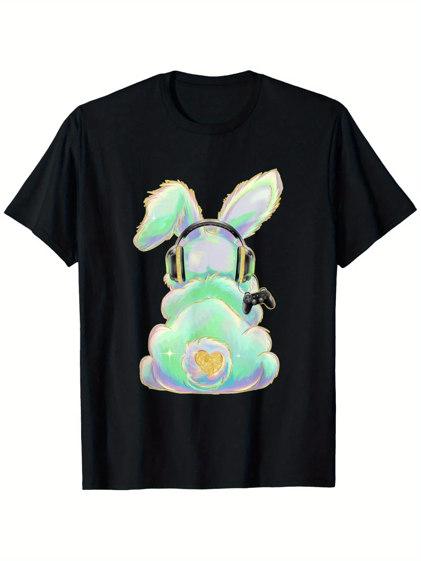 تي شيرت رجالي برسومات أرنب عيد الفصح النيون - أسود مع طباعة باستيل أخضر ووردي فضفاض وأكمام قصيرة ورقبة دائرية