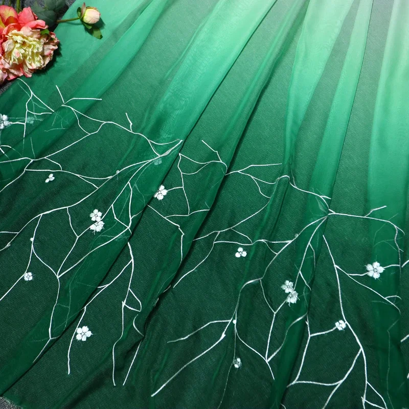 100x150cm Chinese Style Embroidery Chiffon Fabric Green Leaf Designer Fabric for DIY Sewing Hanfu Dress Antique Dance Costume