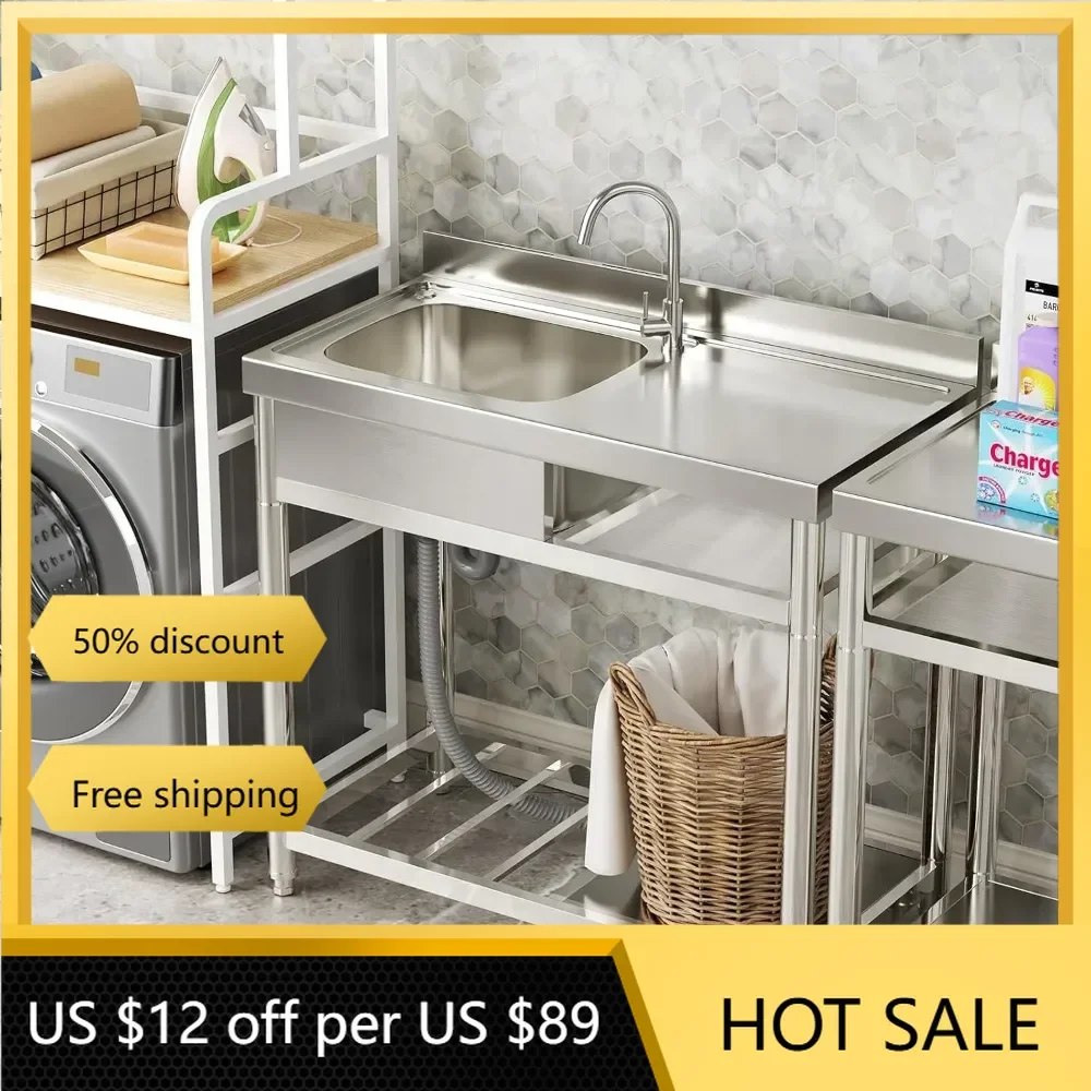 Outdoor Sink with Workbench & Storage Shelve with Hot and Cold Water Pipes (39 in (Left bowl))