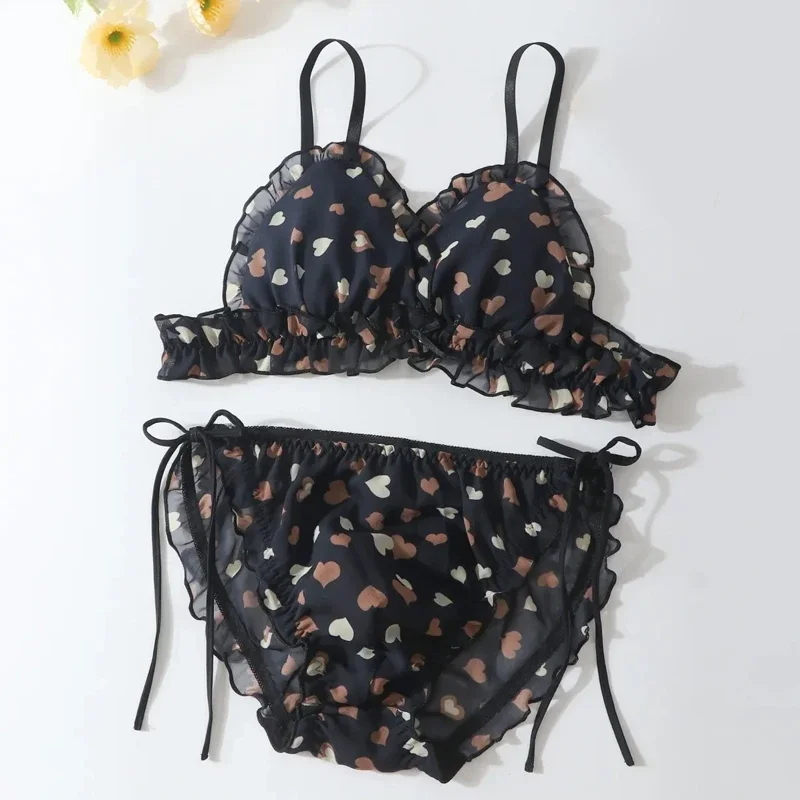 

Men Sexy Printed Lace Ruffled Underwear Set Thin Soft Smooth Bra Briefs Sissy Crossdress Adjustable Waistline Private Party BF