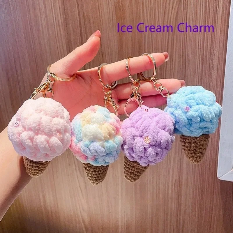 Colorful Plush Ice Cream Cone Keychain Cute Faux Soft Serve Bag Charm Pendant Small Gift