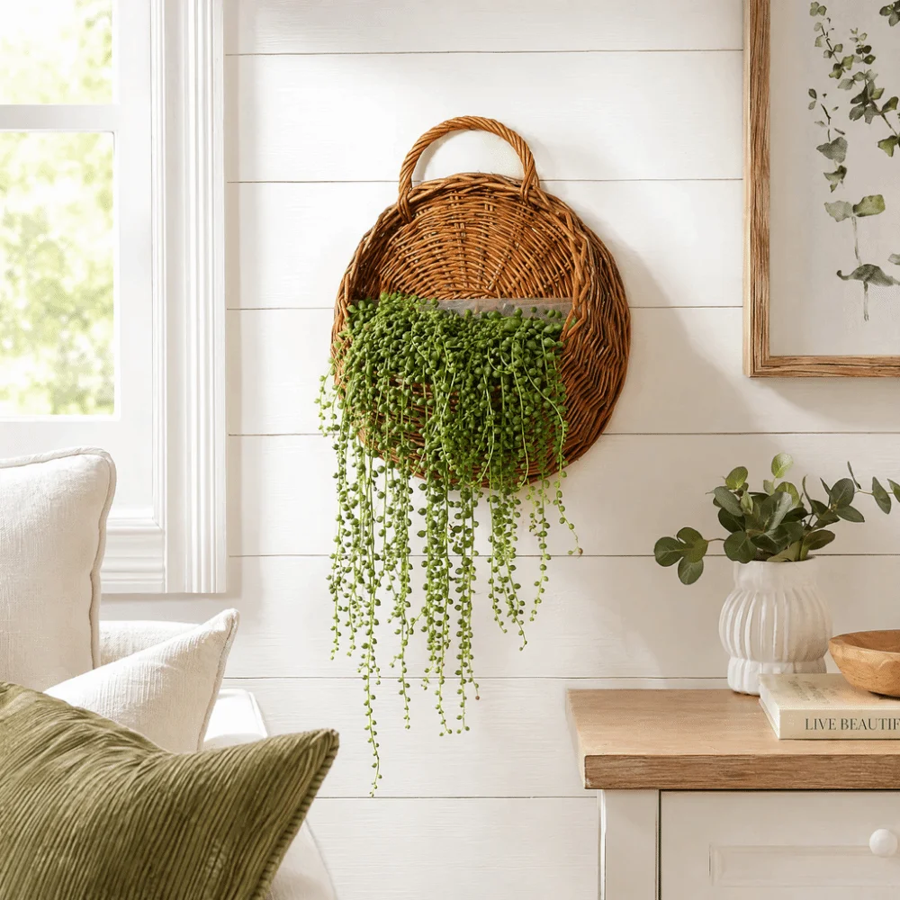 Countryside Style Handmade Rattan Planter Basket Wall Hanging Pastoral Flower Pot Natural Woven Woven Vase Home Decor