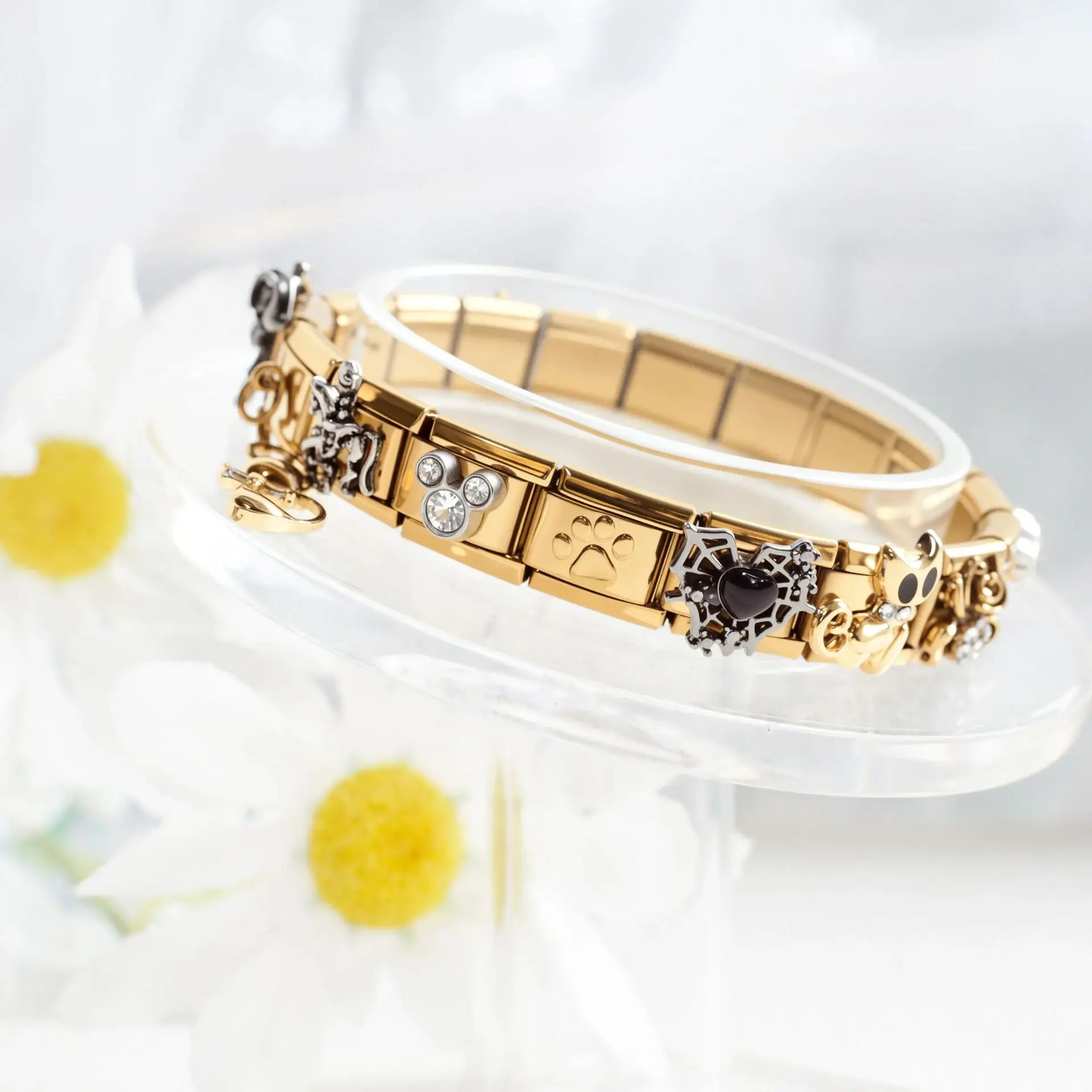 

Золотистые подвески 9 мм в различных стилях, модульные браслеты из итальянской нержавеющей стали с сердечками для женщин и мужчин, для самостоятельной сборки и создания украшений