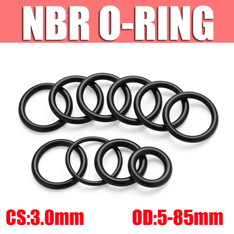 50pc NBR O Ring Seal Gasket Thickness CS 3mm OD 5~85mm Nitrile Butadiene Rubber Spacer Oil Resistance Washer Round Shape Black