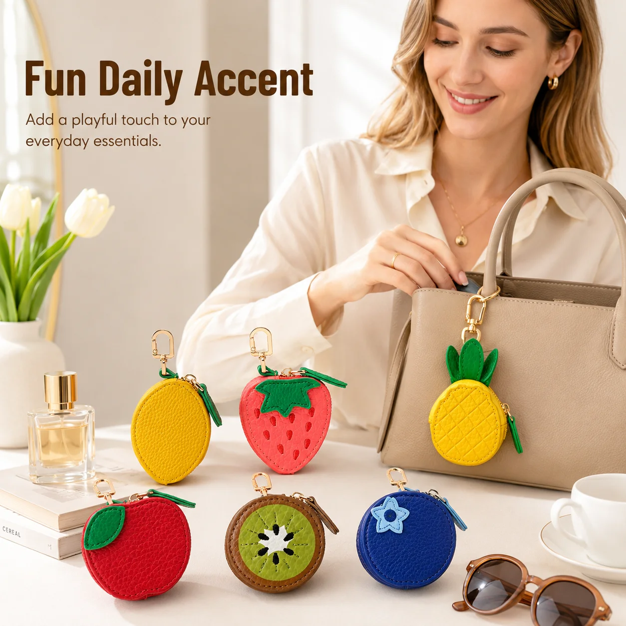 1/2PCS Fruit Shape Coin Purse Bag Charm PU Leather Mini Zipper Pouch Keychain for Handbag Backpack Coins Earbuds Rings Holder