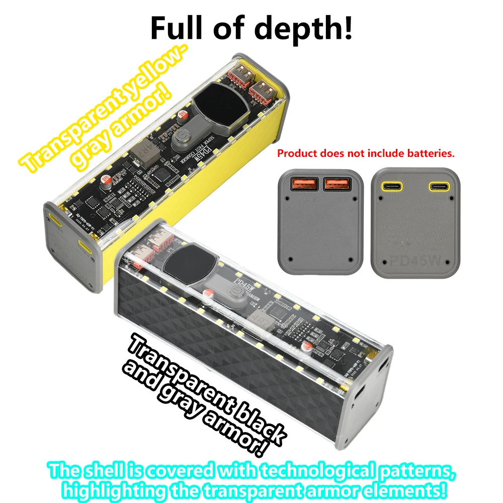 PD 45W Super Fast Charging Transparent Rechargeable Power Bank Case Kit Weldless 8pcs 18650 Battery Holder with LED Light