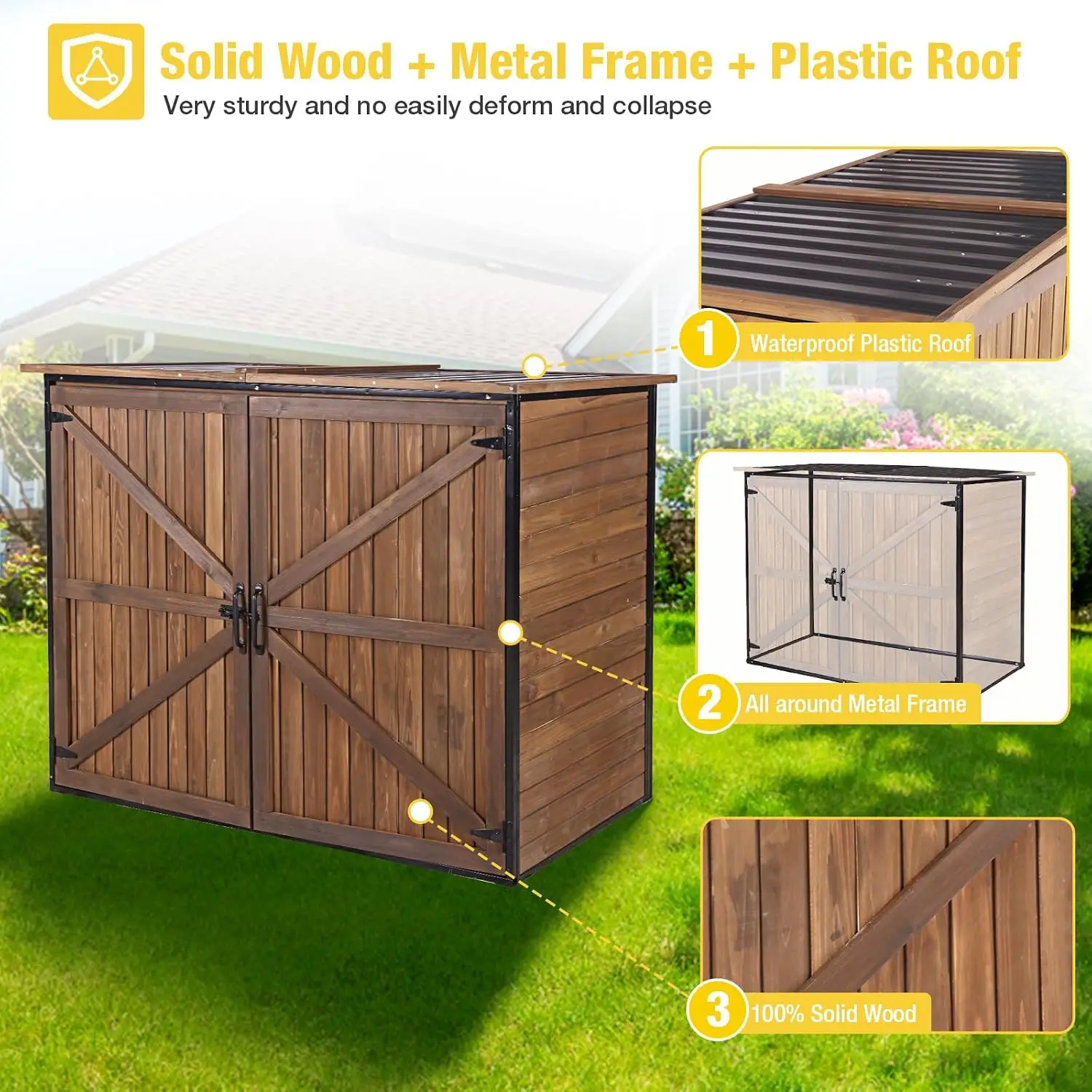 Outdoor Garbage Can Shed Waterproof Metal Frame Storage Enclosure for Trash Bins Patio Backyard, Customized