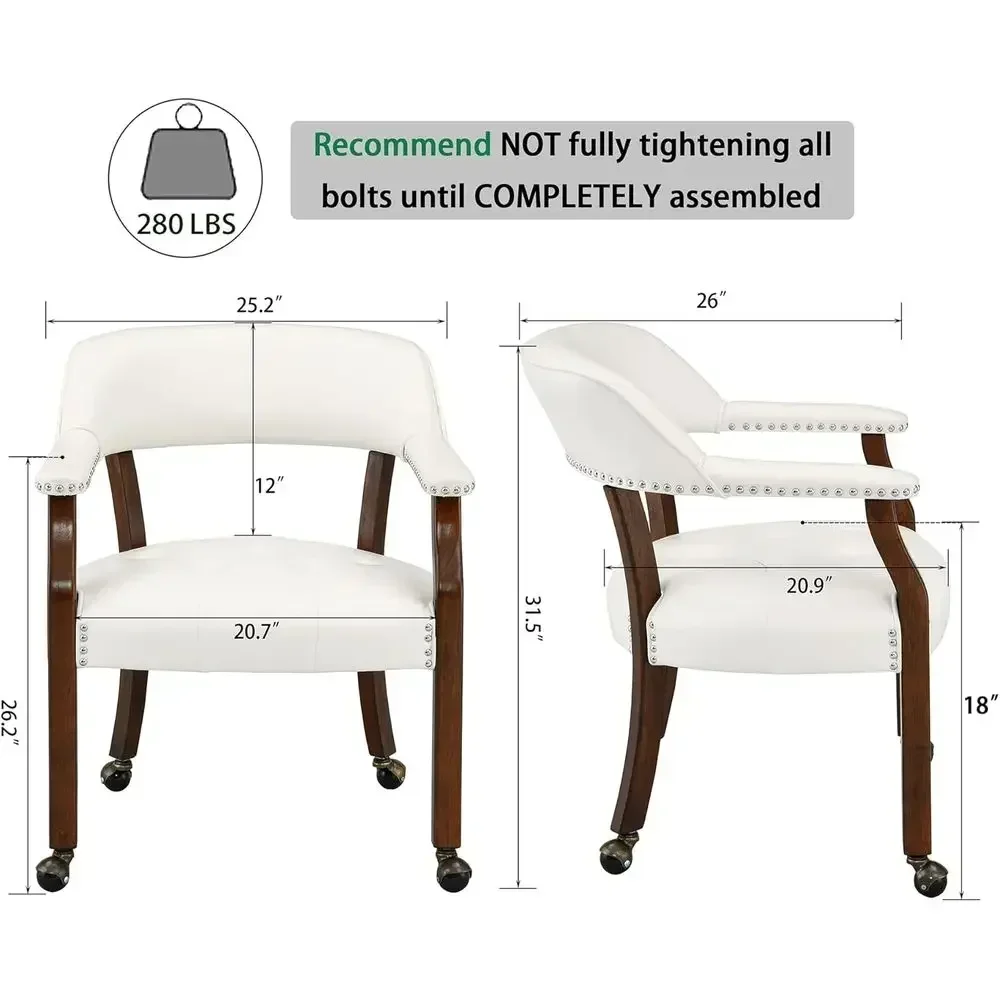 Set of 4 Leather Dining Chairs with Casters and Arms, Accent Chair on Wheels, Wooden Roller Chairs, Cherry & Ivory Kitchen and G