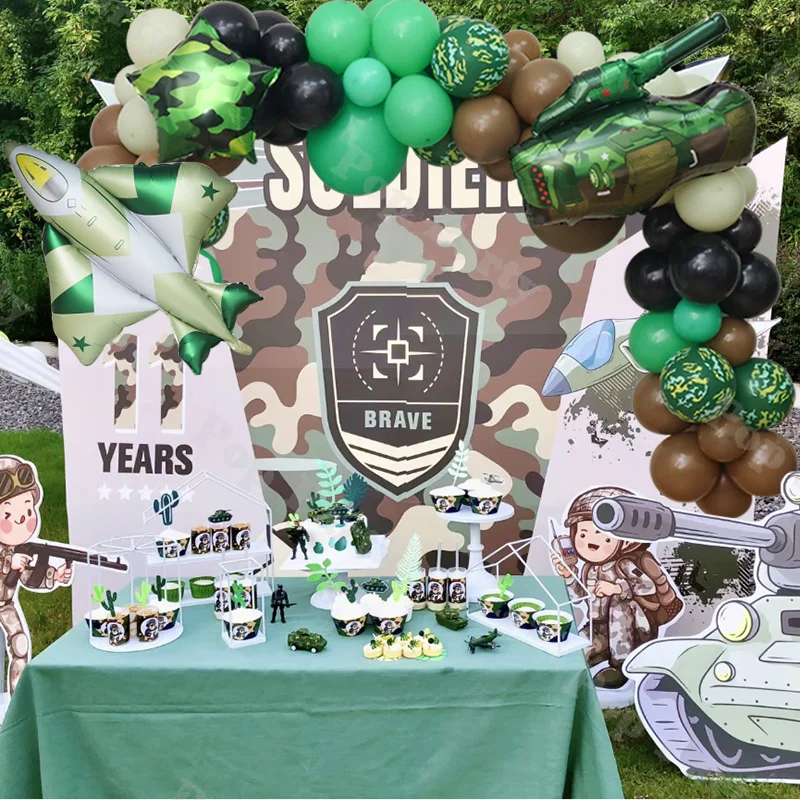 110pcs Dark Green and Caramel Latex Balloon and Fighter Foil Balloon Combination Set for Boys' Birthday Party