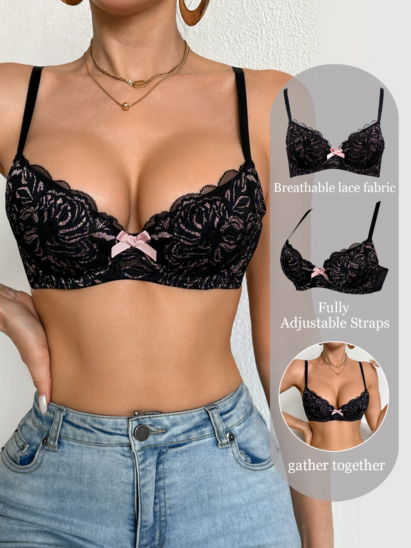 Damen-BH mit Blumenmuster, Bügel-Push-Up-BH, formgebend, atmungsaktiv, aus Mesh und Spitze, für täglichen Komfort, Damenunterwäsche