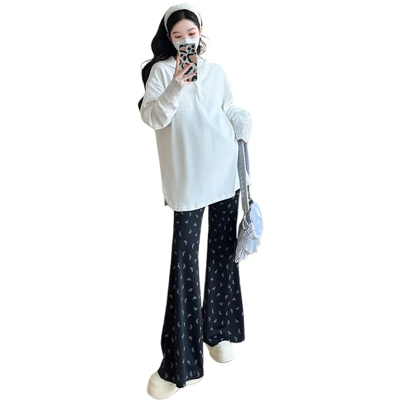 Conjunto de maternidad a la moda primavera otoño nuevo elegante Sudadera con capucha de encaje de manga larga y pantalones casuales traje de dos piezas