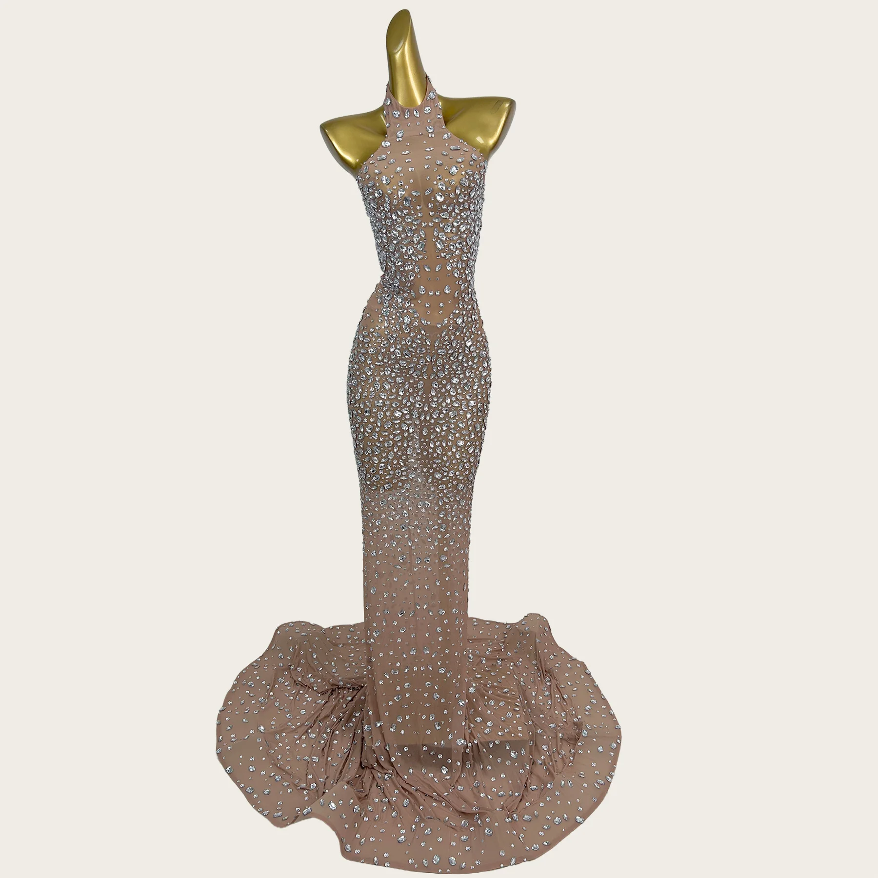 Nude Mesh Sheer Halter Mermaid Gown Trailing Maxi Dress Glistening Crystal Sparkly Rhinestone Formal Evening Dress Bingmeihsi