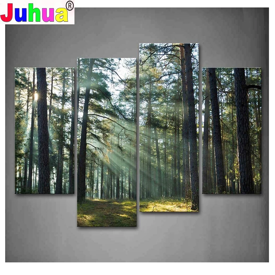 5d Crystal Diamond Embroidery 4 Pcs/set Sunshine Through Forest Wall Art Diamond Painting Full Square/Round Mosaic Landscape Art