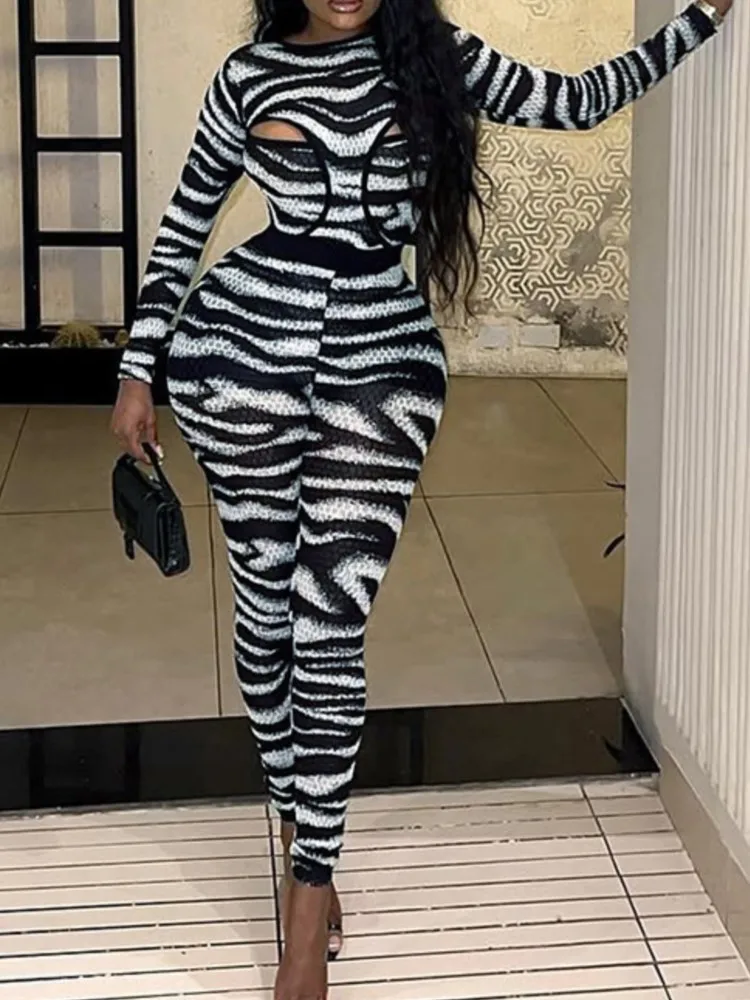 

New Women's Sexy Transparent Trousers Set Autumn Round-neck Hollow Bra Stitching Jumpsuit High-waisted Slim Pants Two-piece Set