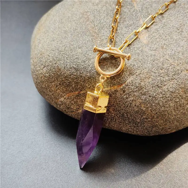 FUWO 1PCS Natural Crystal Quartz Spike Necklace,Creative Stone Point OT Buckle Vintage Chain Jewelry For Women NC085GM