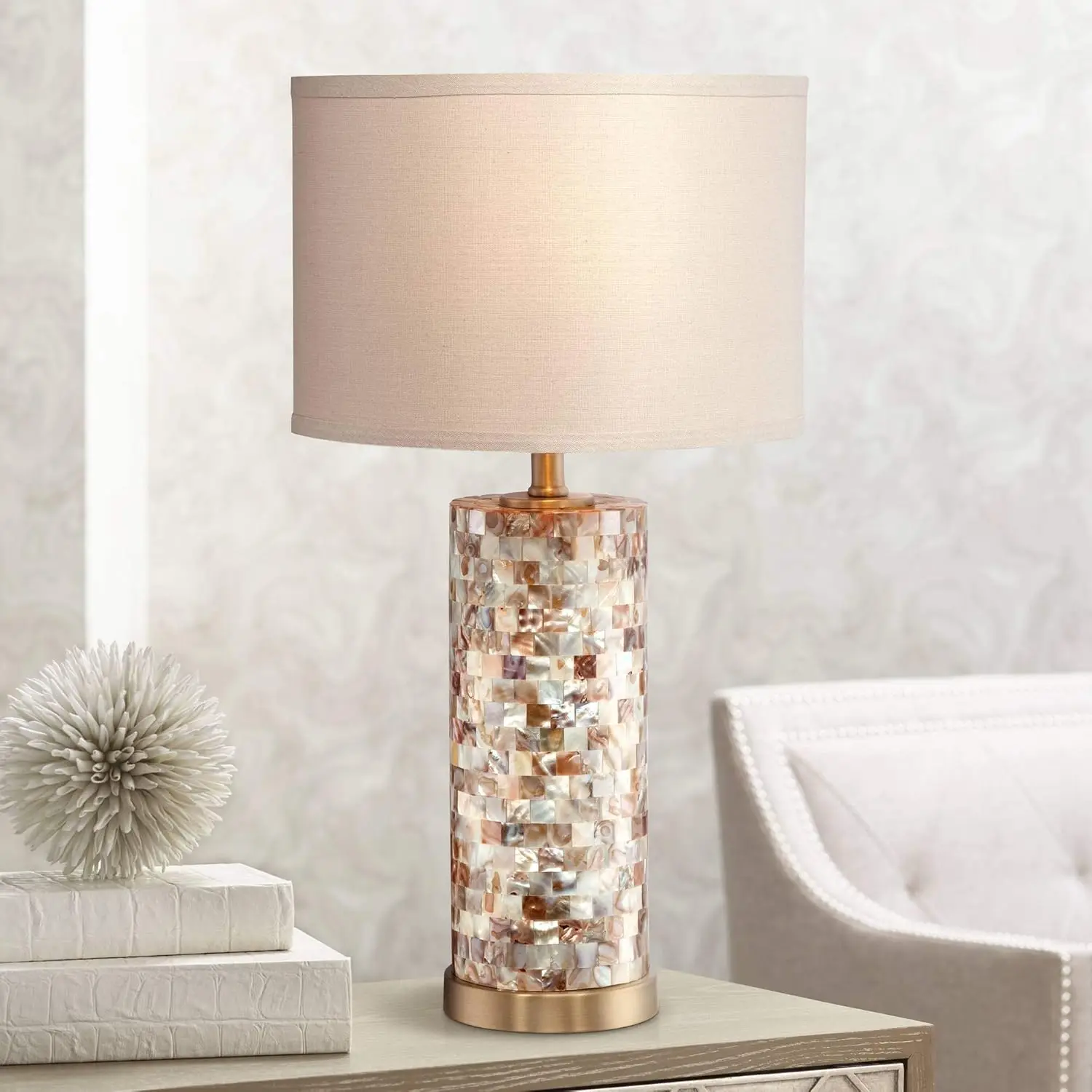 

Margaret Coastal Accent Table Lamp 23" High Mother of Pearl Tile Cylinder Glass Cream Linen Fabric Drum Shade for Nightstand