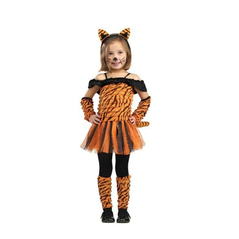 Reneecho Custume Kids Girl Tiger Fancy Dress Tiger Child Costume Halloween Purim Carnival Outfit Kids