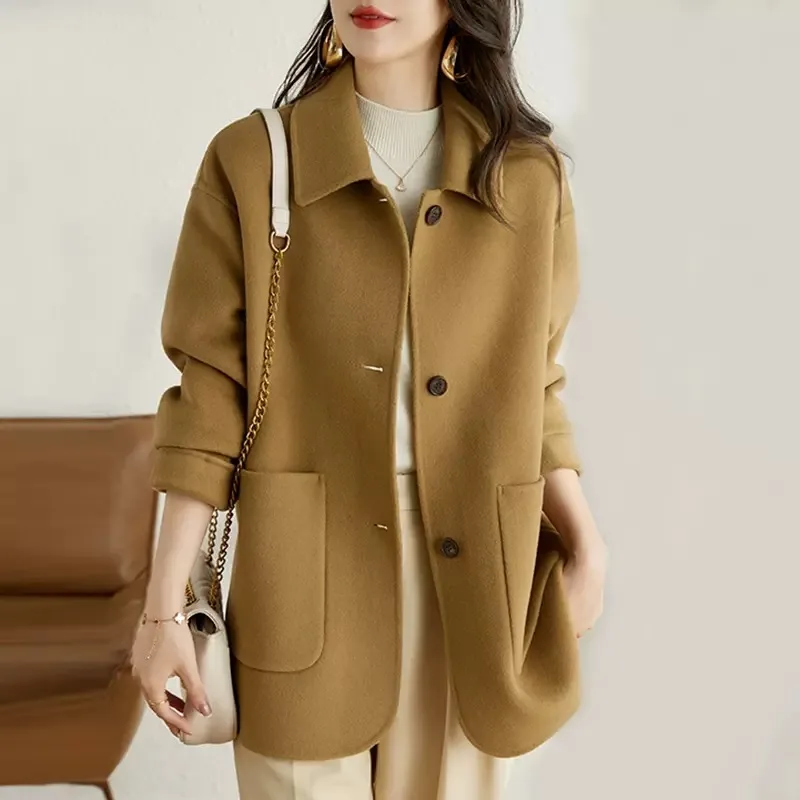 

2025 NEW Women's Woolen Coat Autumn Winter New Style Loose Single Buttoned Camel Color Simple Spring Autumn Hepburn Style Women'