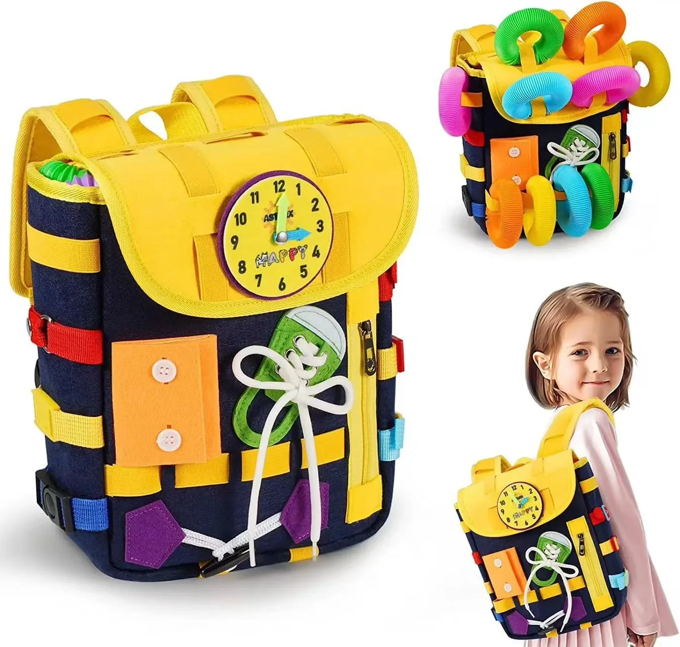 Bolsa de tablero ocupado Montessori para niños, juguetes de viaje con hebillas para aprender a desarrollar habilidades motoras finas y básicas para