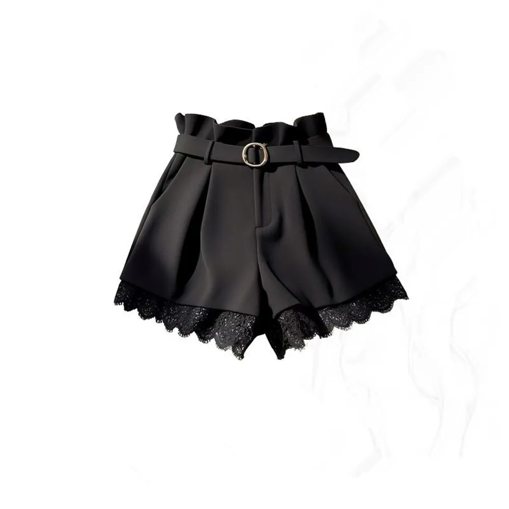 Women's Black Lace Spliced Shorts 2026 New Summer Woman High Waist With Belt Shorts Korean Style Girls' Hot Pants Wide-leg