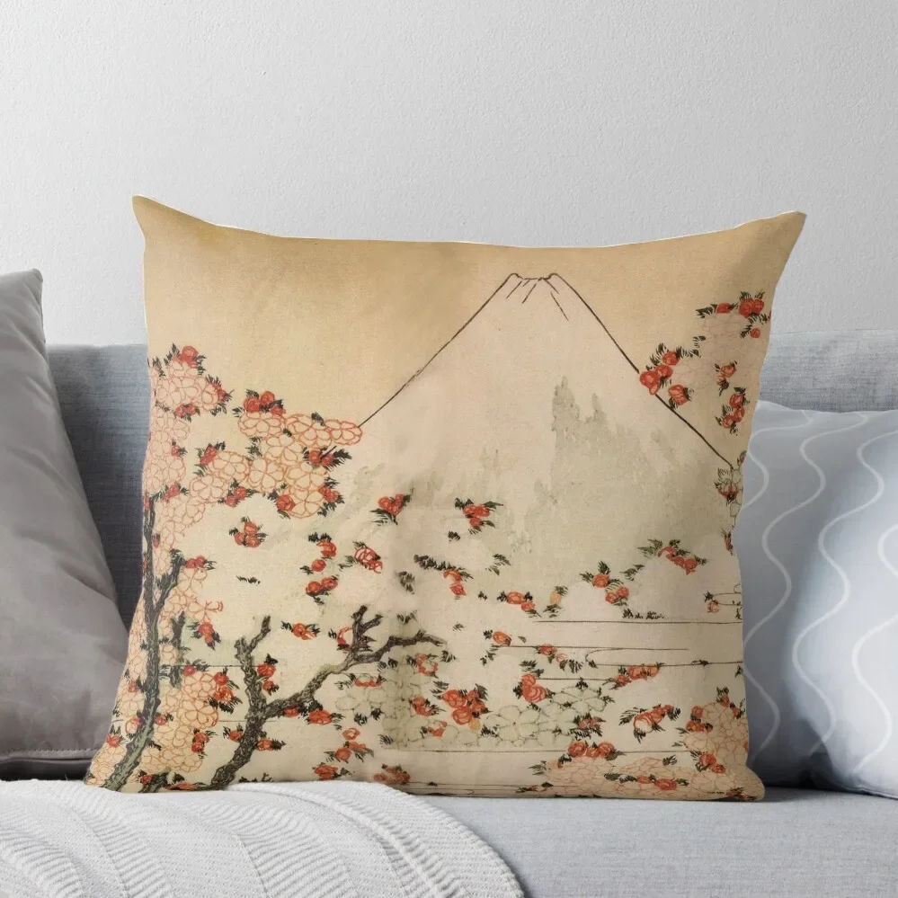 Mount Fuji Behind Cherry Tree and Flowers' by Katsushika Hokusai (Reproduction) Throw Pillow Sofa Covers For Living Room