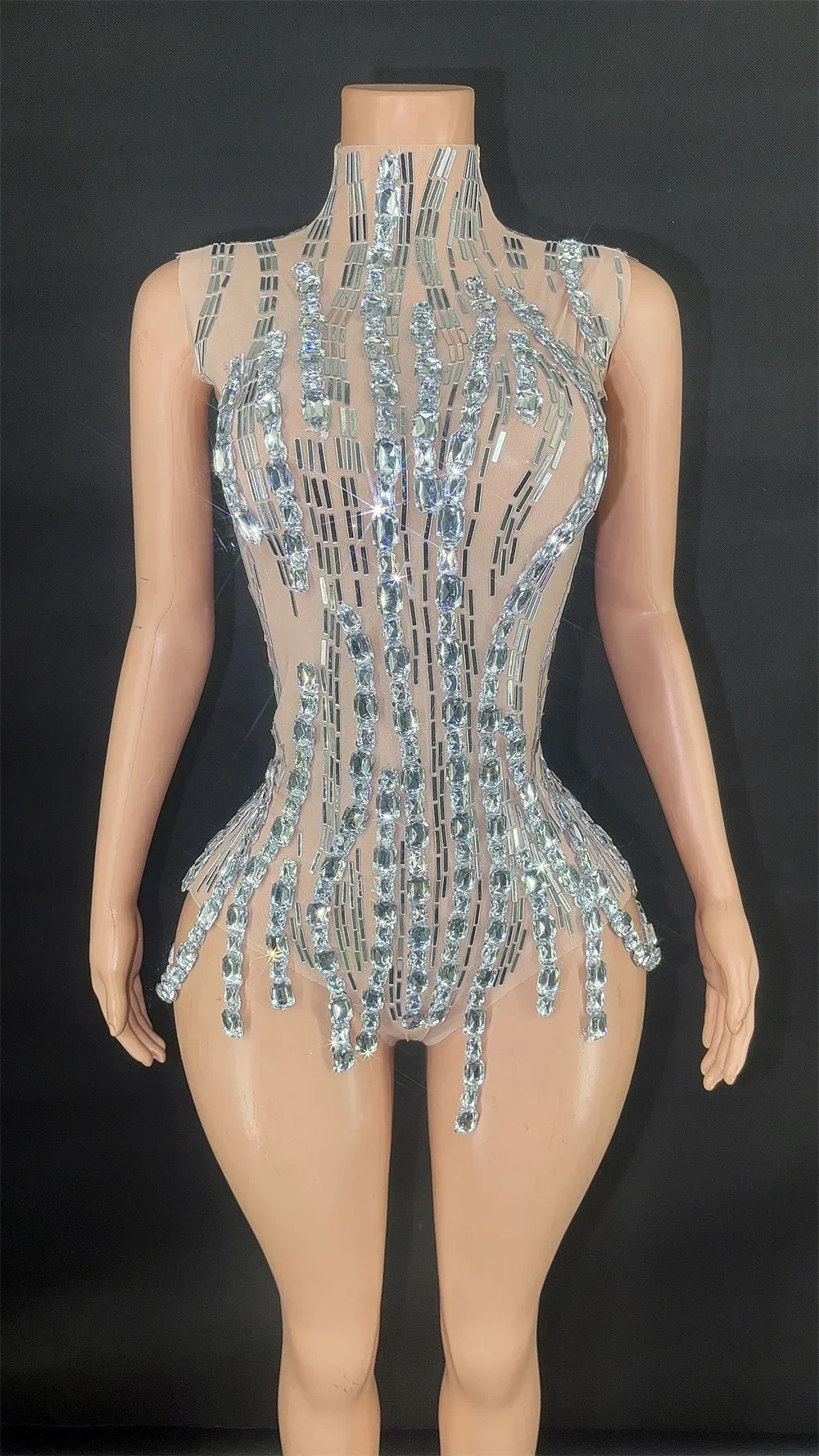 Women Sexy Mesh Stretch Performance Celebrate Costume Nightclub Stage Show Outfit Sparkly Crystals Diamonds Mesh Bodysuit