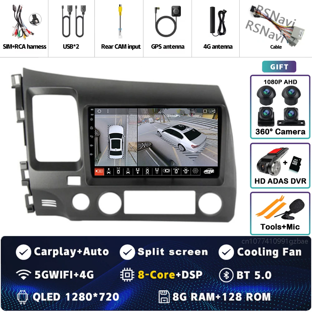 Android 15 Voor Honda Civic 8 FK FN FD 2005-2012 2K QLED Android Autoradio Multimedia Video speler GPS 4G CarPlay Stereo