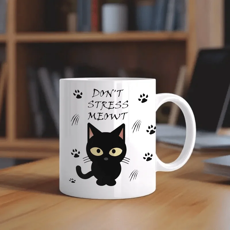 

1 WhimsyCat Ceramic Coffee Mug - "Don't Stress Meowt" Funny Cat Graphic - Reusable, Machine Washable