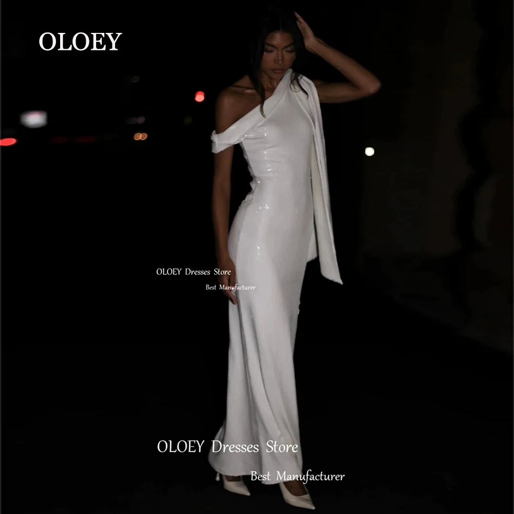 

OLOEY Giltter Ivory Wedding Party Dresses One Shoulder Ankle-Length Mermaid Evening Gowns Bride Gowns Zipper Back Custom Made