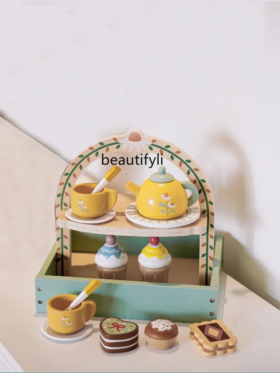 Kinderspeelhuis Theeservies Houten Afternoon Tea Dessert Dessertrek Simulatie Theepot Servies Set Speelgoed