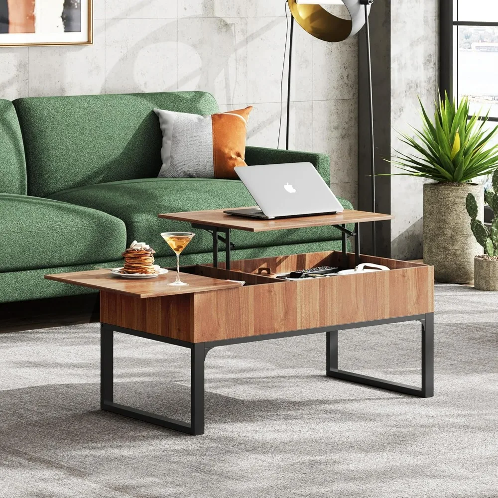 Wooden coffee table with adjustable and sliding countertops in the living room, modern center table with 2 hidden compartments