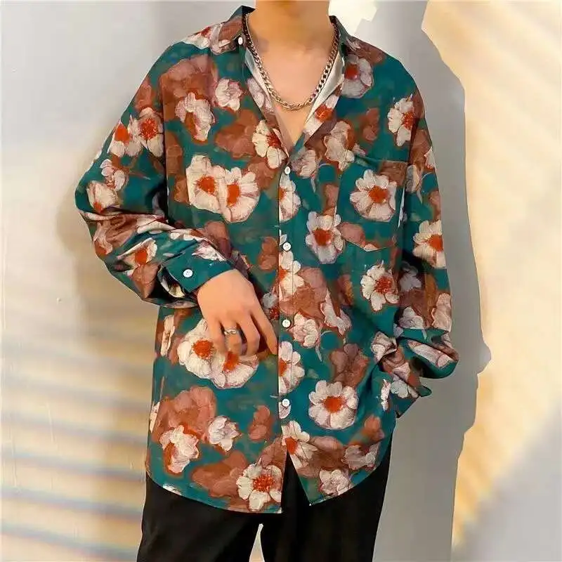 Men's Flower Printing Long Sleeve Casual Shirts Harajuku Shirt Vacation Men Blouse Drop Shoulder Vintage Clothes Streetwear
